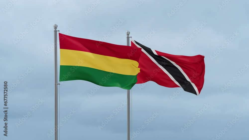 Trinidad and Tobago and Bolivia flag waving together on cloudy sky, endless seamless loop, two country cooperation concept Trinidad and Tobago and Bolivia flag waving together on cloudy sky, endless seamless loop, two country cooperation concept