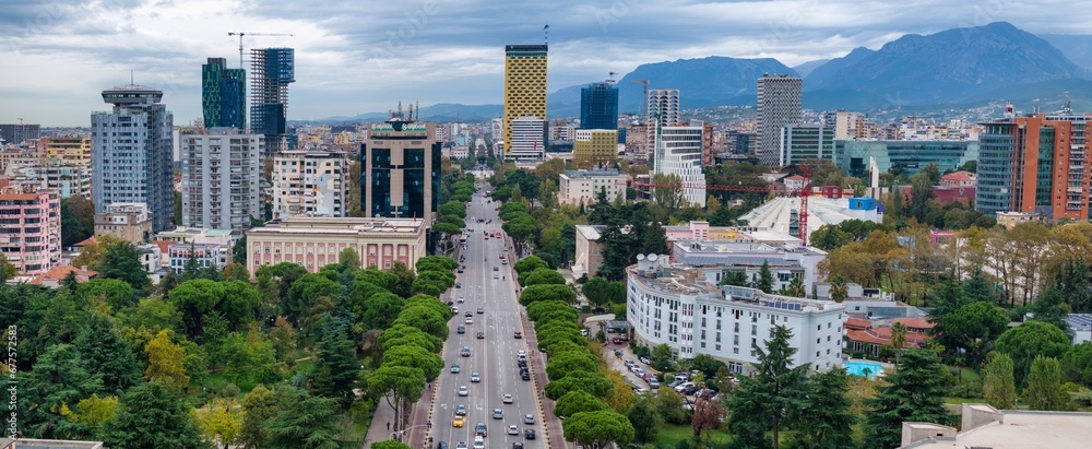 Obraz na płótnie Aerial image of Tirana Skyline photographed from a distance w salonie