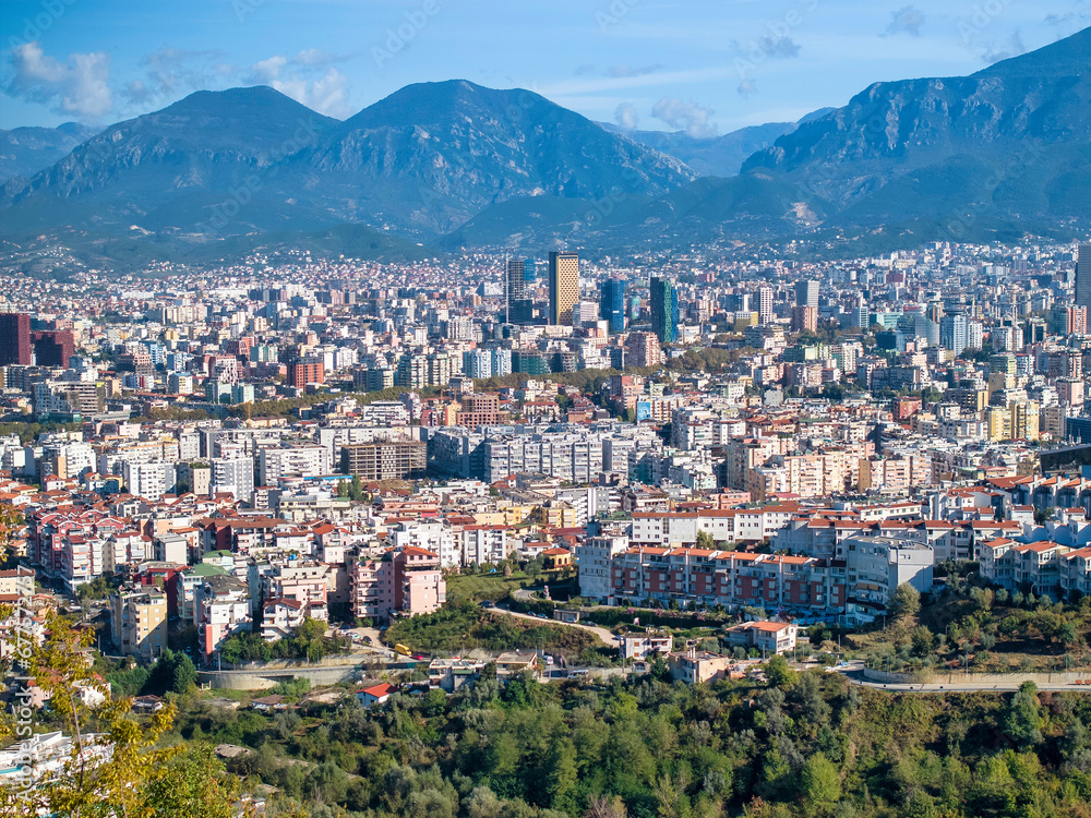 Aerial image of Tirana Skyline photographed from a distance