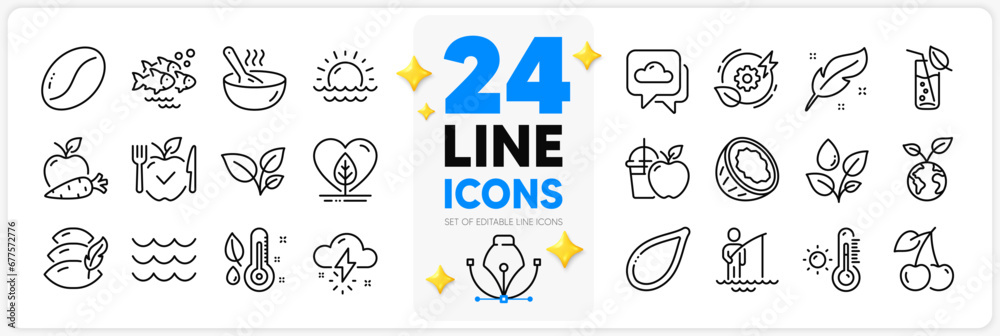 Icons set of Save planet, Thermometer and Cook line icons pack for app with Fisherman, Feather, Coffee beans thin outline icon. Juice, Waves, Weather thermometer pictogram. Pumpkin seed. Vector