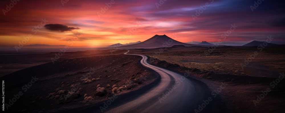 Fototapeta premium Unexplored road journeys and adventures. Road through the scenic landscape to the destination in Lanzarote natural park canary islands