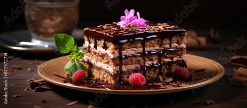 On a wooden background a beautiful table is adorned with a delectable chocolate cake perfect for a scrumptious breakfast treat Baked with healthy organic ingredients from a local bakery it i photo