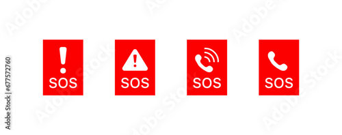 SOS signs. Flat, red, SOS icons with exclamation mark, warning, telephone handset, SOS signs. Vector icons