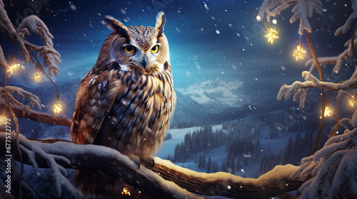Mystical owl in a snowy Christmas night landscape AI generative