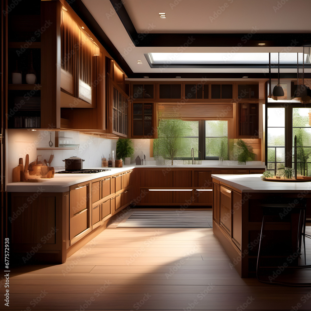 A breathtaking interior luxurious cozy kitchen design with warm colors and wood features - magazine style photography