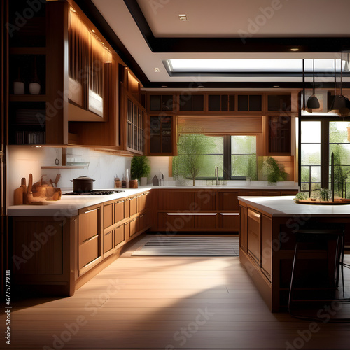 A breathtaking interior luxurious cozy kitchen design with warm colors and wood features - magazine style photography