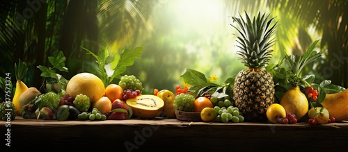 In the vibrant summer background surrounded by lush green nature a table adorned with tropical fruits like pineapple showcases the healthy natural and organic nutrition that Mother Earth pr