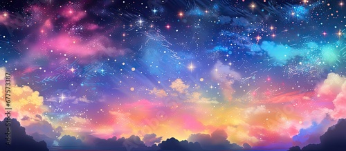 The abstract background design of the sky in the banner art illustration for the party is adorned with vibrant lines bursts of light and a mesmerizing space filled with fireworks stars and c