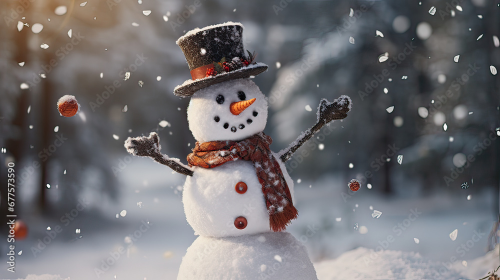 Fototapeta premium Handcrafted snowman with a top hat and carrot nose, amidst falling snow AI generative