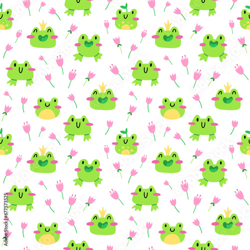 Cute frog pattern. Vector seamless pattern with kawaii characters on white background
