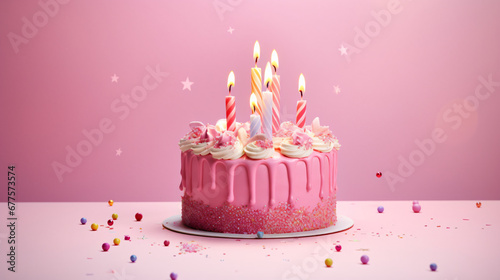 Yummy birthday cake with candles on pastel pink background