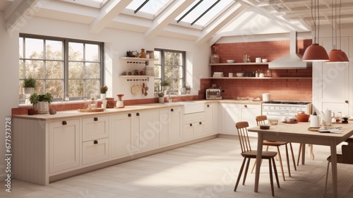 Spacious kitchen with terracotta tiles, large windows, and skylights offering natural light.