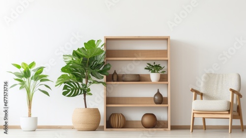 Minimalist interior with a wooden bookshelf, decorative vases, and a comfortable chair with green plants.