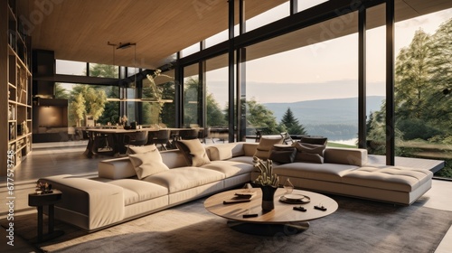 Modern living room with large windows overlooking a forest, featuring a sectional sofa and wooden furniture.