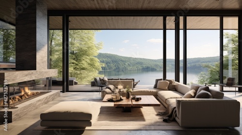 Elegant living room with a modern fireplace and floor-to-ceiling windows showcasing a lake view.