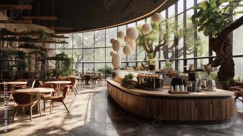 Sleek caf   interior with a curved bar  hanging spherical lights  and floor-to-ceiling windows with a forest view.