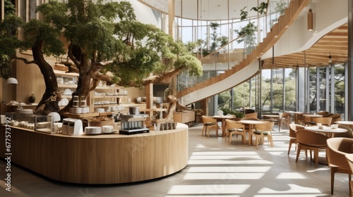 Modern café interior with a large tree, wooden furniture, and ample natural light.