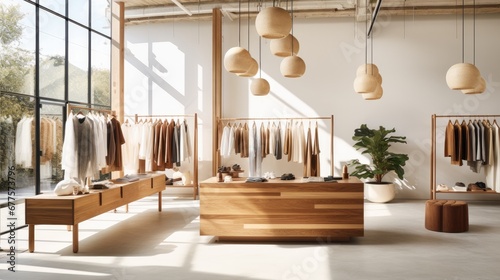 Bright boutique with wooden display units, woven pendant lights, and a selection of clothes.