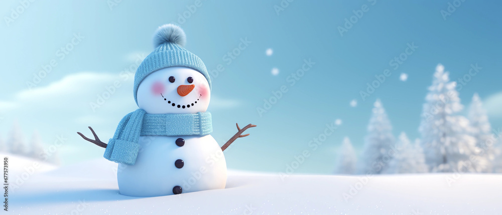 Happy snowman with hat and scarf