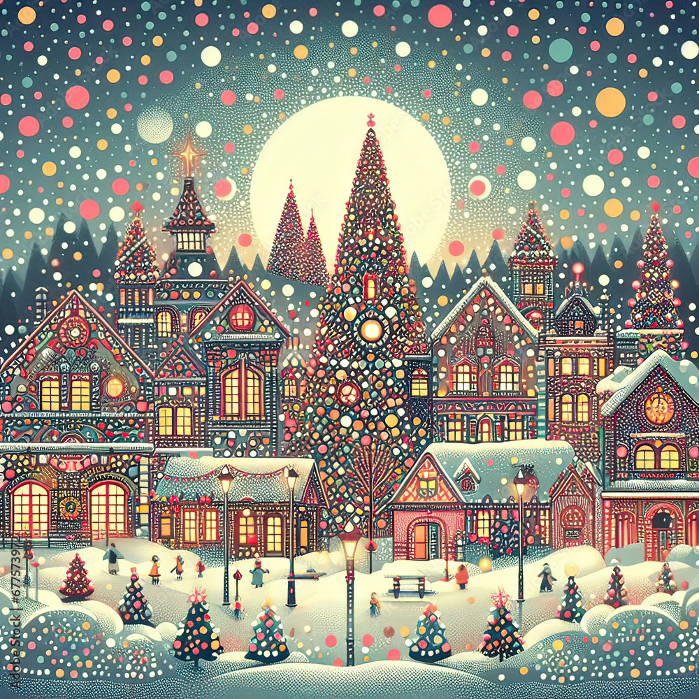 the setting for a Christmas celebration in a city or village with a snowy winter atmosphere