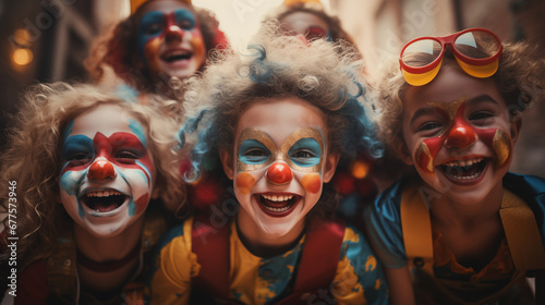 Group of Diverse Children wearing clown costumes