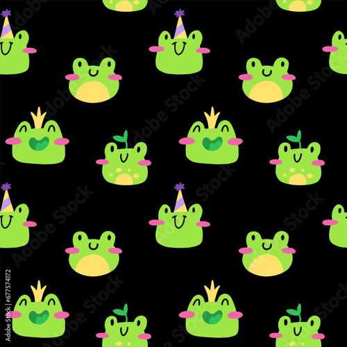 Cute frog pattern. Vector seamless pattern with kawaii characters on black background