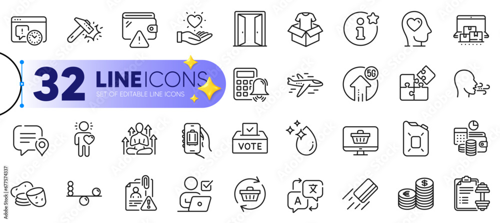 Outline set of Clothing, Chat bubble and 5g upload line icons for web with Online storage, Project deadline, Puzzle thin icon. Web shop, Yoga, Info pictogram icon. Open door, Translate. Vector