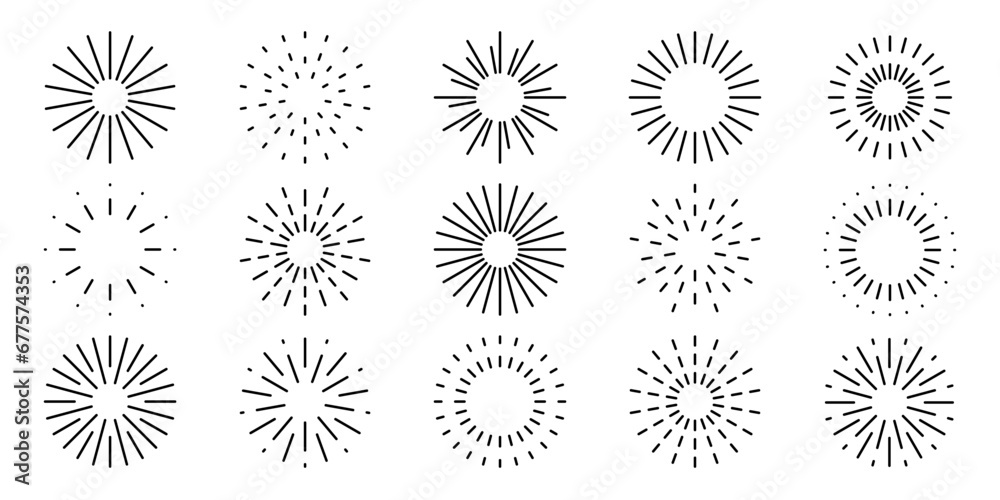 Round sunburst, line radial frame icon set