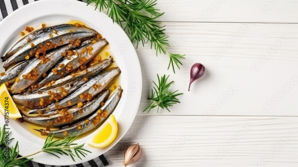 Obraz premium Anchovies marinated in olive oil and cooked at low temperature on a white plate.