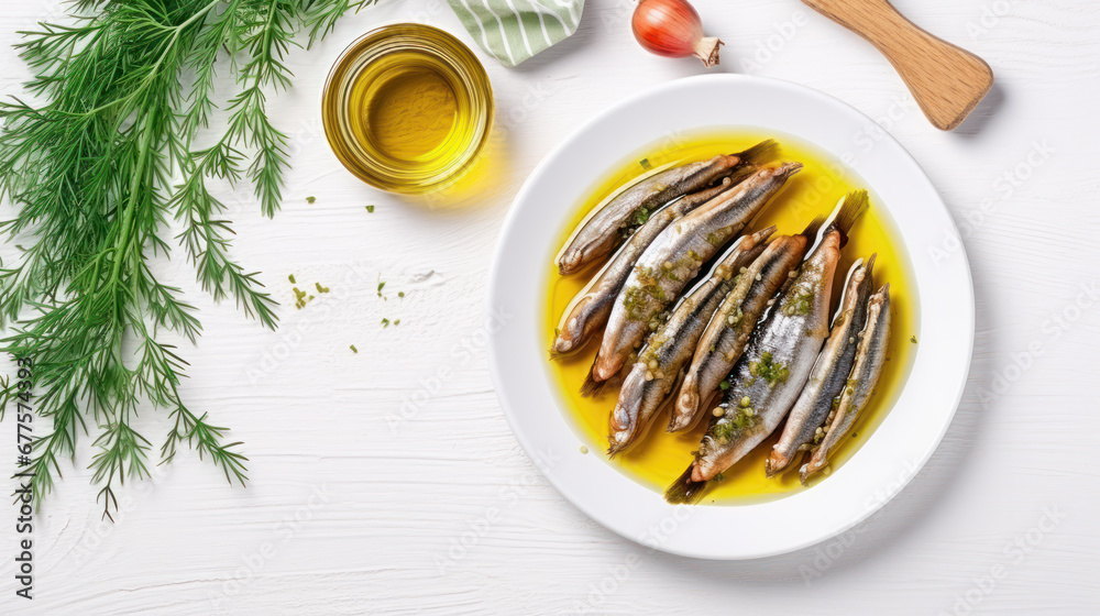 Naklejka premium Anchovies marinated in olive oil and cooked at low temperature on a white plate.