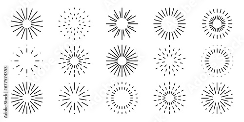 Round sunburst, line radial frame icon set