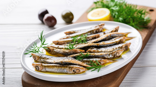 Anchovies marinated in olive oil and cooked at low temperature on a white plate.