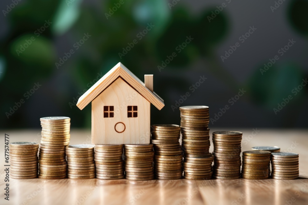 Small model house with coins, buy and sell house concept by Generative AI Small model house with coins, buy and sell house concept by Generative AI