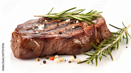 Grilled beef steak with rosemary and garlic isolated on white background