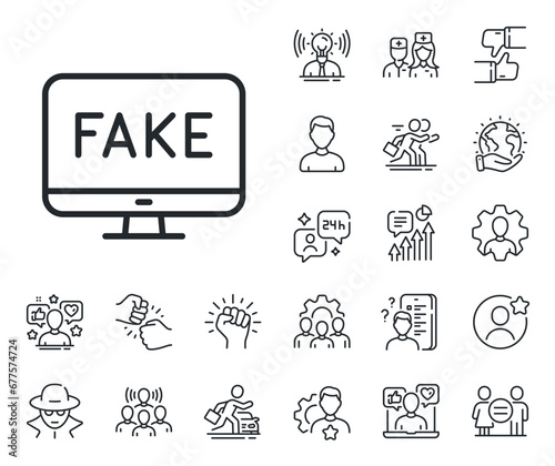 Propaganda conspiracy tv sign. Specialist, doctor and job competition outline icons. Fake news line icon. Wrong truth symbol. Fake news line sign. Avatar placeholder, spy headshot icon. Vector
