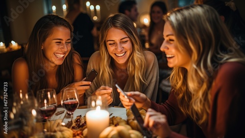 Grupo de amigas jovenes de 24 a  os disfrutando de una cena con copa de vino en un bar o restaurante.Cena festiva y fiesta para disfrutar.