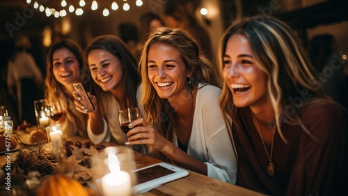 Grupo de amigas jovenes de 24 años disfrutando de una cena con copa de vino en un bar o restaurante.Cena festiva y fiesta para disfrutar. photo