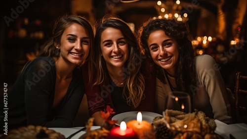 Grupo de amigas jovenes de 24 a  os disfrutando de una cena con copa de vino en un bar o restaurante.Cena festiva y fiesta para disfrutar.