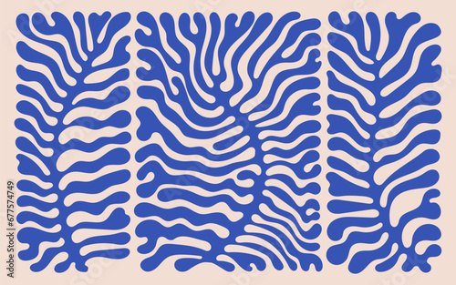 Abstract plant set, modern art style. Botanic vector illustration in blue color. Matisse plants style in art. Vector design. Three coral branches in rectangle. Retro poster