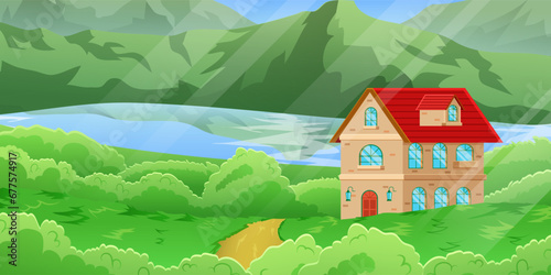 Flat illustration of a beautiful mountainous landscape with a house