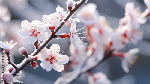 Frost on Fruit Tree Blossoms. Protecting Fruit Trees From Frost Damage. Frost Damage on Buds in Blossom Tree Fruit photo