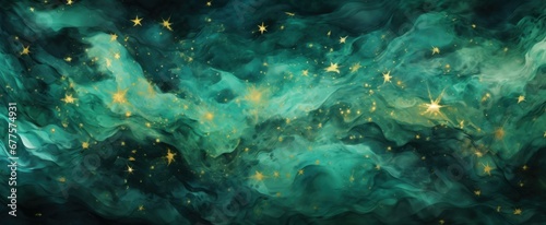 Green and golden stars abstract ink paint liquid background. Green and golden texture with stars surface. Dark green aqua abstract painted wavy background