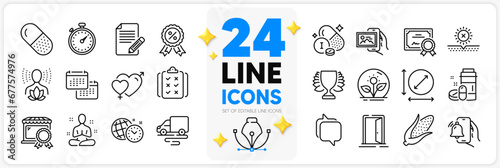 Icons set of Yoga balance, Time management and Alarm clock line icons pack for app with Circle area, Best market, Iodine mineral thin outline icon. Article, Capsule pill, Image album pictogram. Vector