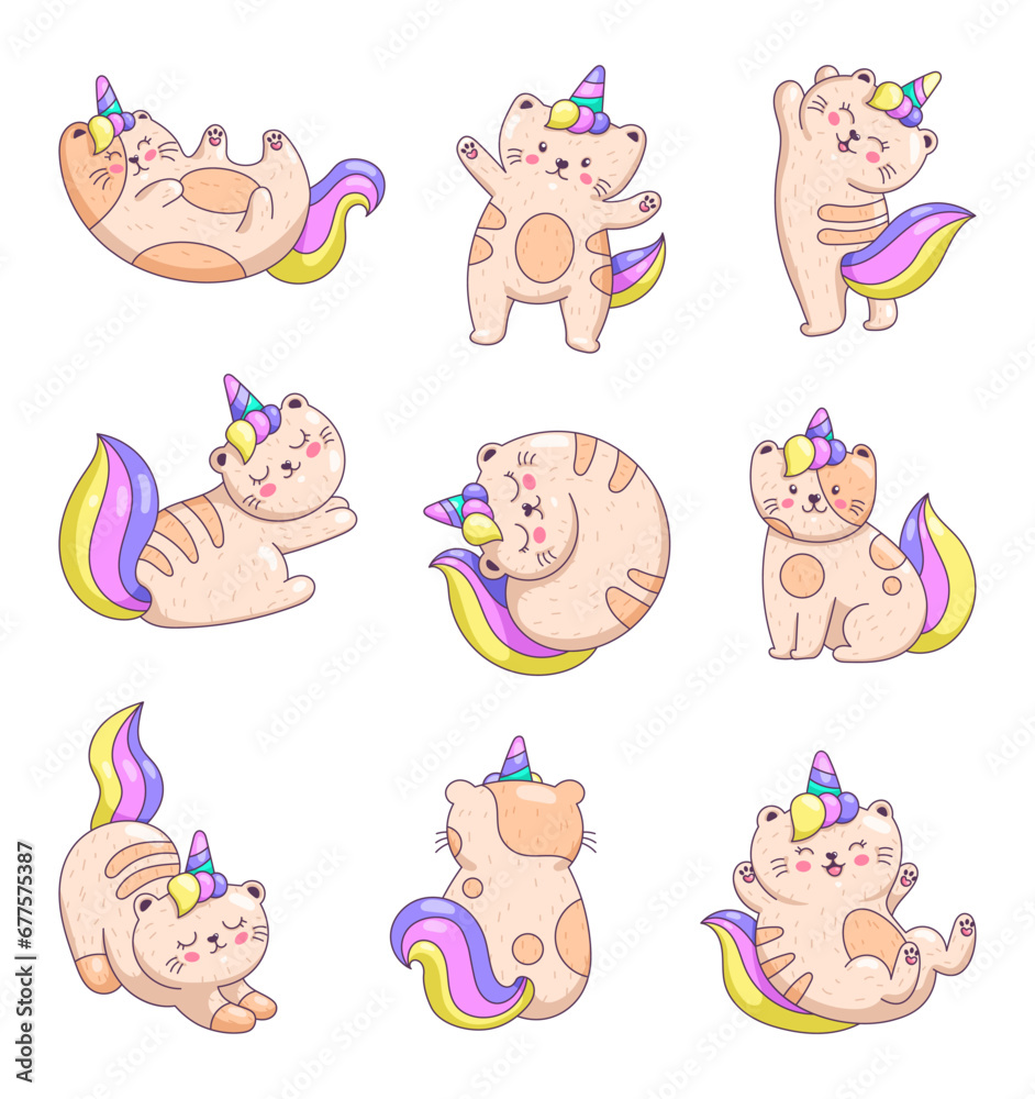 Cute kawaii cat unicorn. Funny cartoon kitten. Hand drawn style. Vector drawing. Collection of design elements.