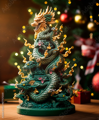 Chinese Dragon Statue  figurine in green color with Christmas tree on background 2024