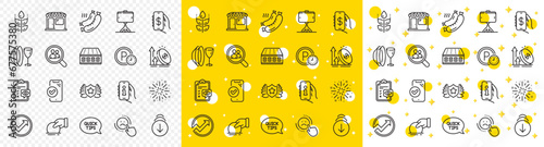 Outline Dish plate, Selfie stick and Excise duty line icons pack for web with Mattress, Scroll down, Eye checklist line icon. Dislike, Laureate, Support pictogram icon. Money app. Vector