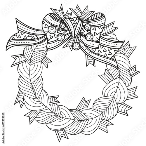 Ribbon wreath hand drawn for adult coloring book