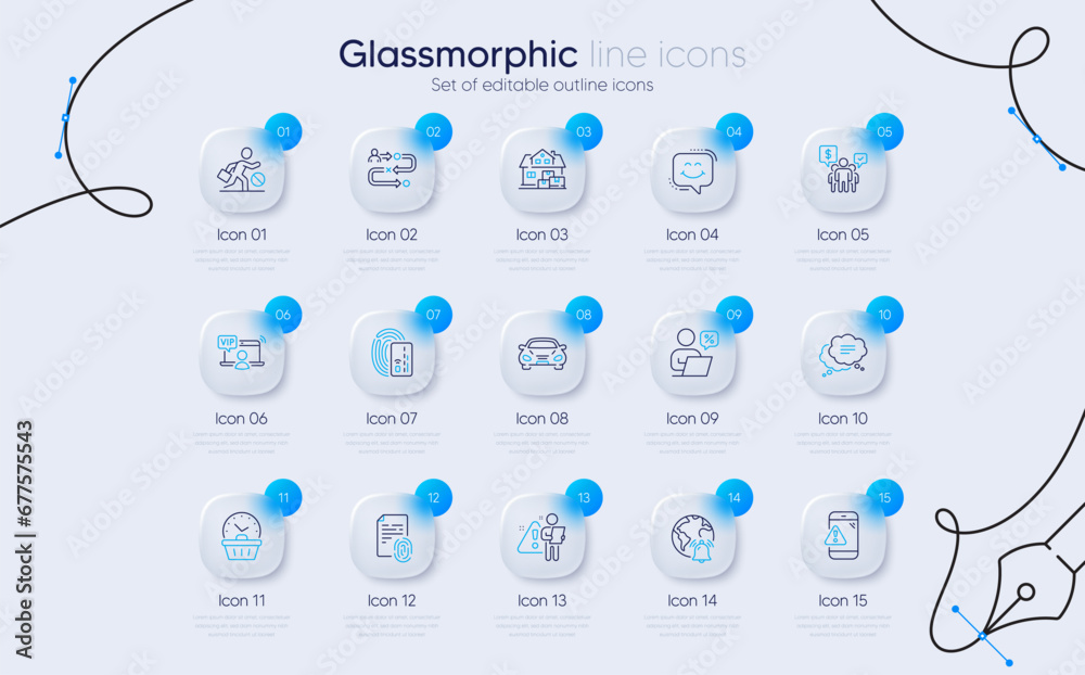 Set of Home moving, Jobless and Fingerprint line icons for web app. Smile chat, Vip access, Online discounts icons. Warning message, Search employee, Text message signs. Last minute, Car, Card. Vector Set of Home moving, Jobless and Fingerprint line icons for web app. Smile chat, Vip access, Online discounts icons. Warning message, Search employee, Text message signs. Last minute, Car, Card. Vector