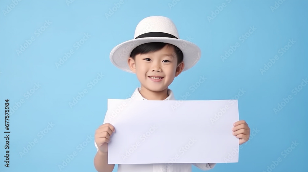 The boy holds up a blank poster. AI Generated The boy holds up a blank poster. AI Generated