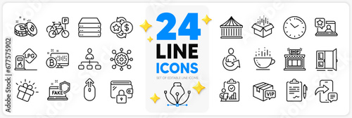 Icons set of Fake internet, Bitcoin and Open door line icons pack for app with Carousels, Open box, Framework thin outline icon. Clipboard, Bicycle parking, Share pictogram. Time. Vector